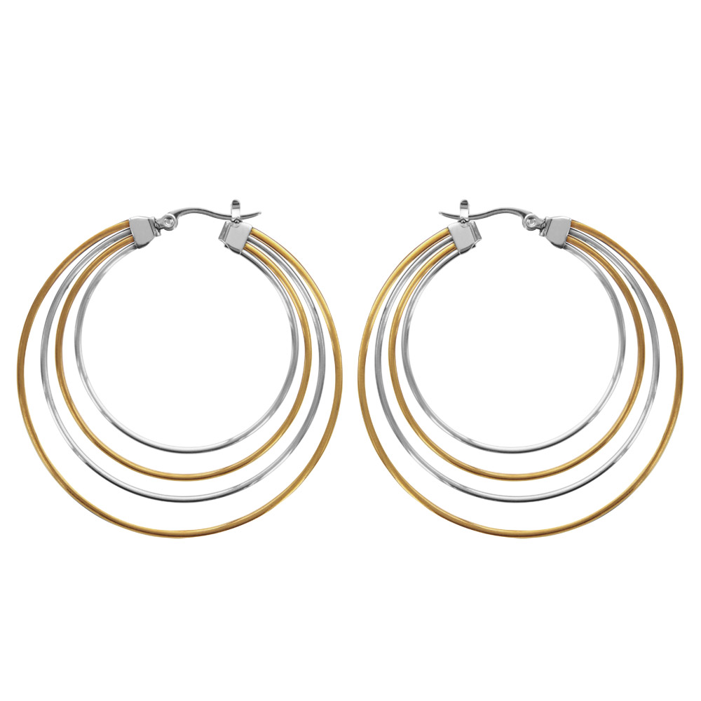 Créoles fantaisies en acier et PVD jaune 4 fils aux couleurs alternées 52mm extérieur et fermoir crochet