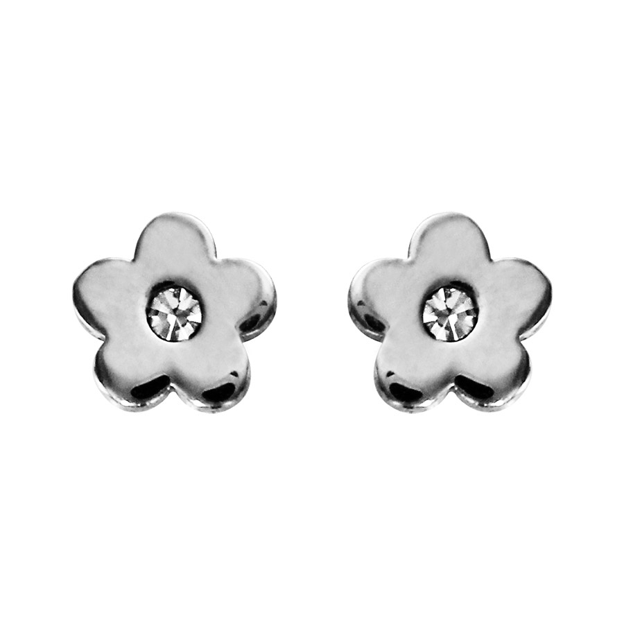 Boucles d’oreilles en acier fleur lisse avec oxyde blanc au cente et fermoir poussette
