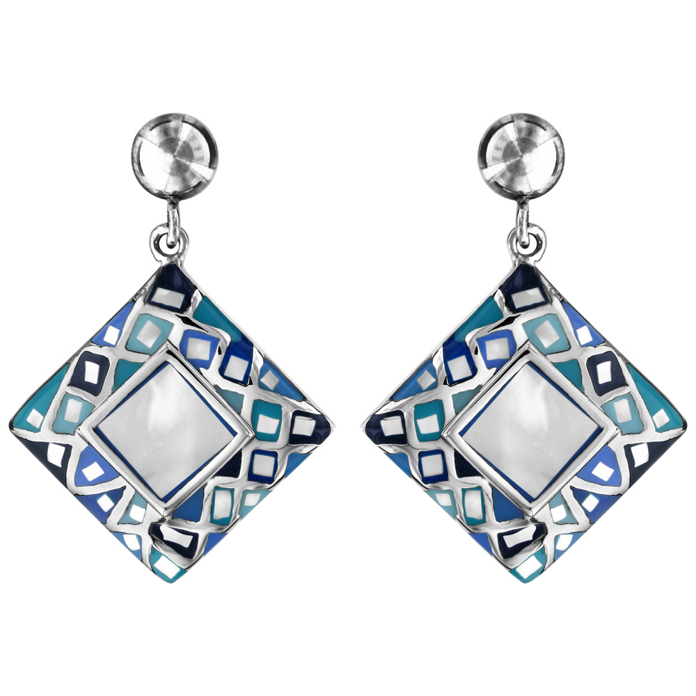 Boucles d’oreilles Stella Mia en acier carré dégradé de bleu et nacre blanche véritable suspendu et fermoir poussette