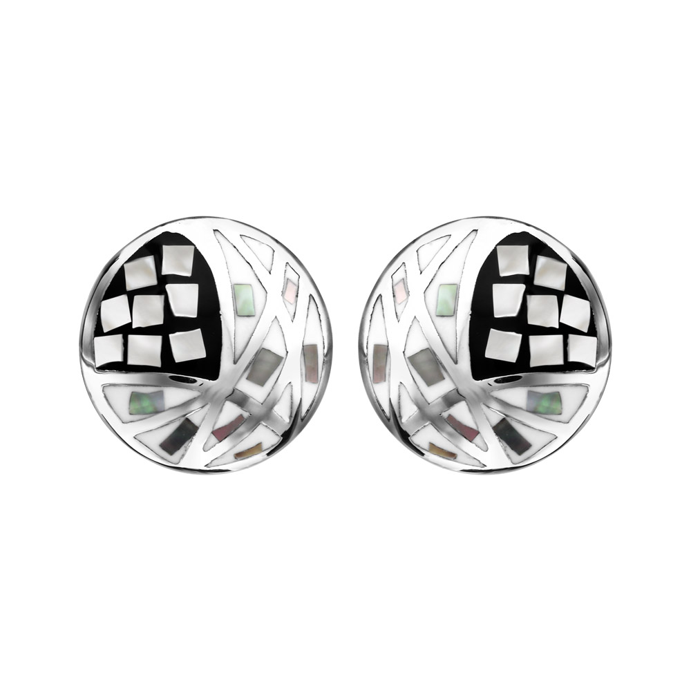 Boucles d&rsquo;oreilles Stella Mia en acier et nacre blanche véritable plateau rond avec motifs géométriques et noir et blanc et fermoir poussette
