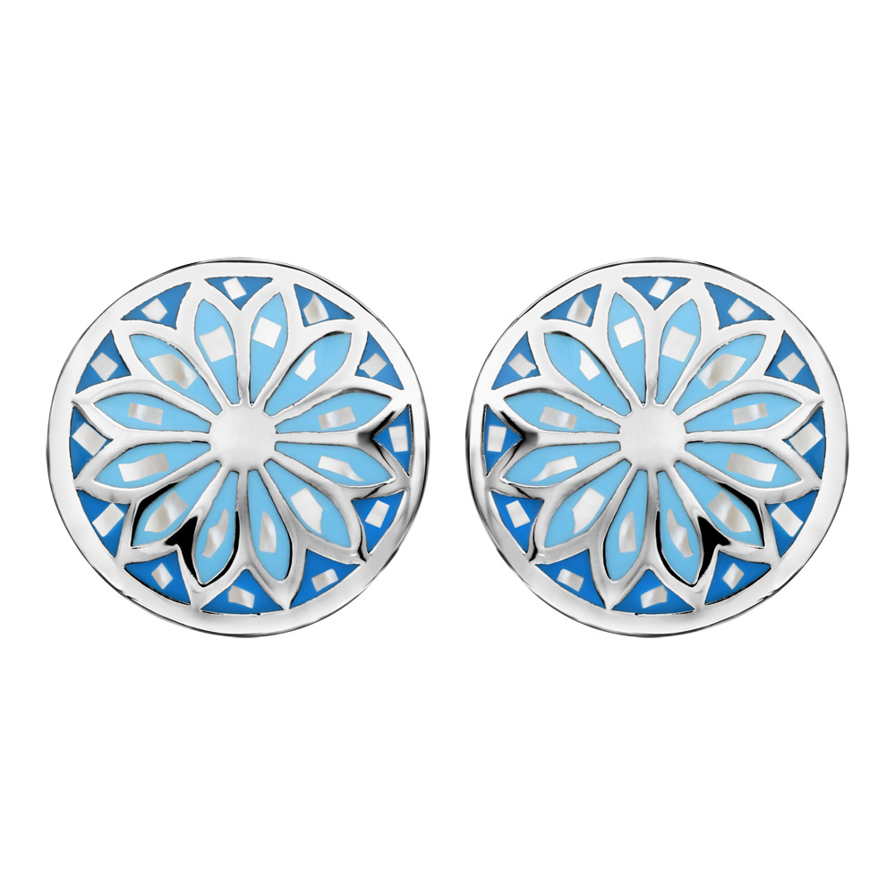 Boucles d’oreilles Stella Mia en acier et nacre blanche véritable plateau rond bombé motif fleur et dégradé de bleu et fermoir poussette