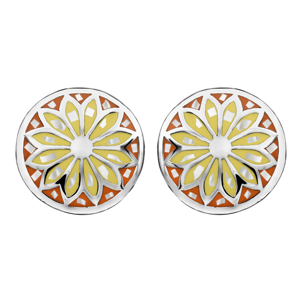 Boucles d’oreilles Stella Mia en acier et nacre blanche véritable plateau rond bombé motif fleur et dégradé de jaune et orange et fermoir poussette