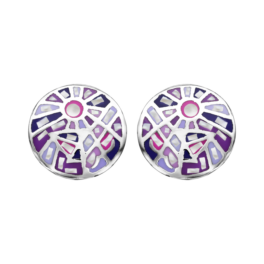Boucles d&rsquo;oreilles Stella Mia en acier et nacre blanche véritable plateau rectangulaire bombé avec motifs géométriques et dégradé de rose et violet et fermoir poussette