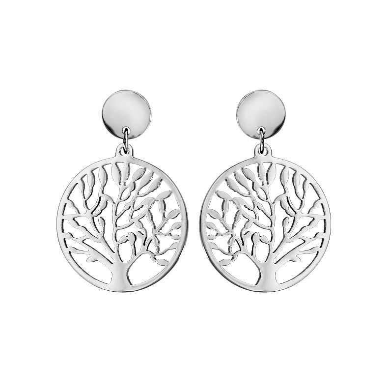 Boucles d’oreilles en acier nature rond suspendu avec arbre de vie et fermoir poussette