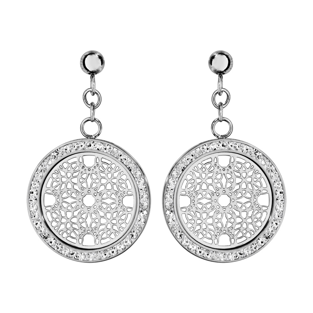 Boucles d’oreilles en acier et oxydes rond suspendu avec rosace dentelée et fermoir poussette