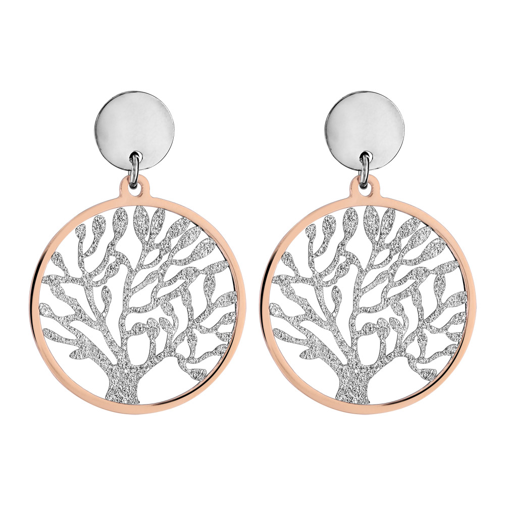 Boucles d’oreilles en acier, PVD rose etffet givré anneau suspendu avec arbre de vie à l’intérieur et fermoir poussette
