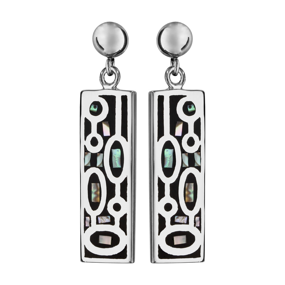 Boucles d’oreilles Stella Mia en acier et nacre rectangle suspendu avec motifs ovales noirs et fermoir poussette