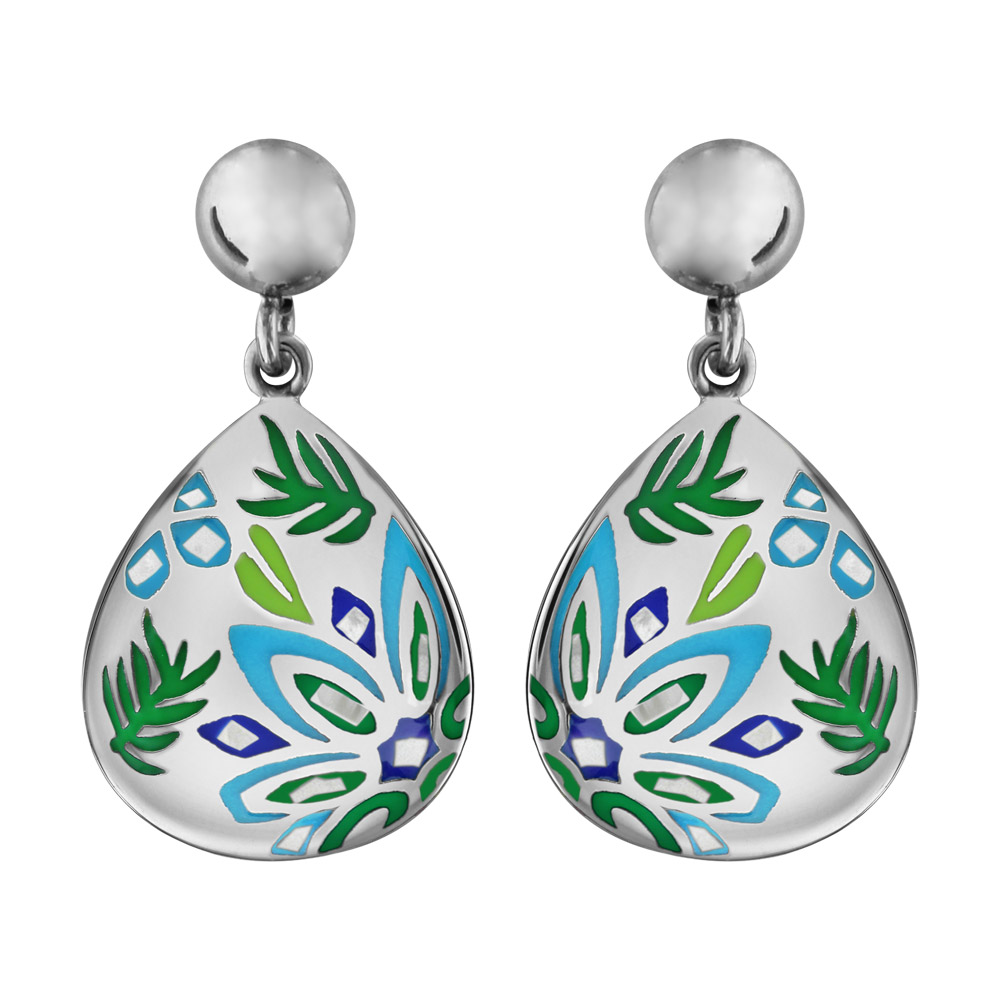 Boucles d’oreilles Stella Mia en acier et nacre goutte suspendue avec motif plantes bleu vert – fermoir poussette