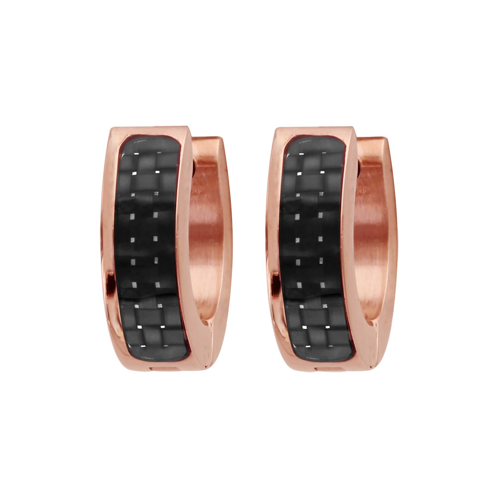 Créoles fantaisies en acier et PVD rose articulées avec motif en carbone