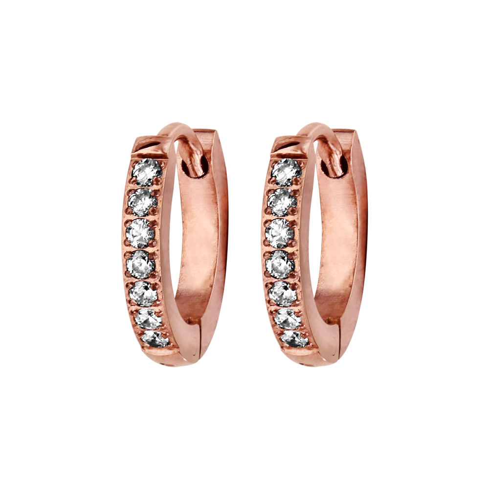 Créoles fantaisies en acier et PVD rose articulées avec oxydes blancs sertis sur 1 face