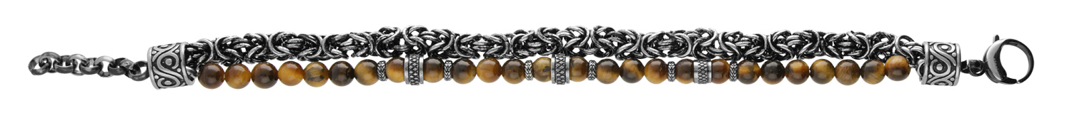 Bracelet en acier patinée maille royale et boules Oeil de Tigre 20+3cm
