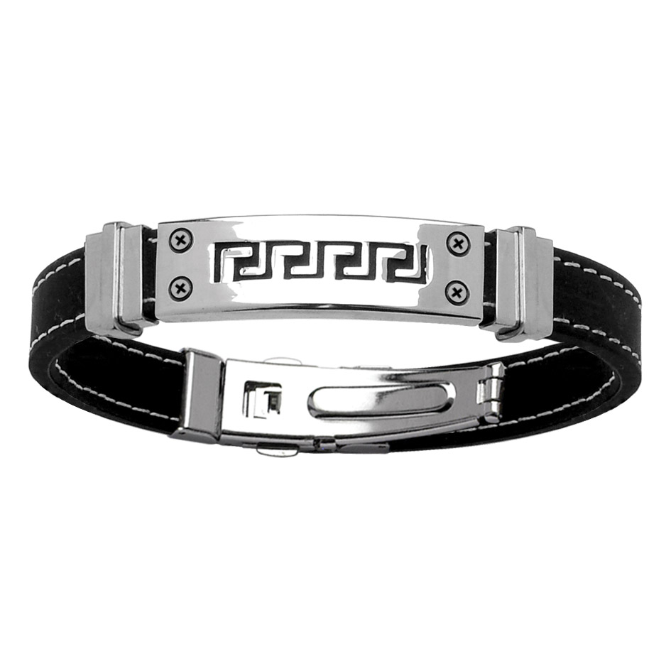 Bracelet en acier et caoutchouc avec 2 coutures blanches et plaque décorée de méandres grecs au milieu