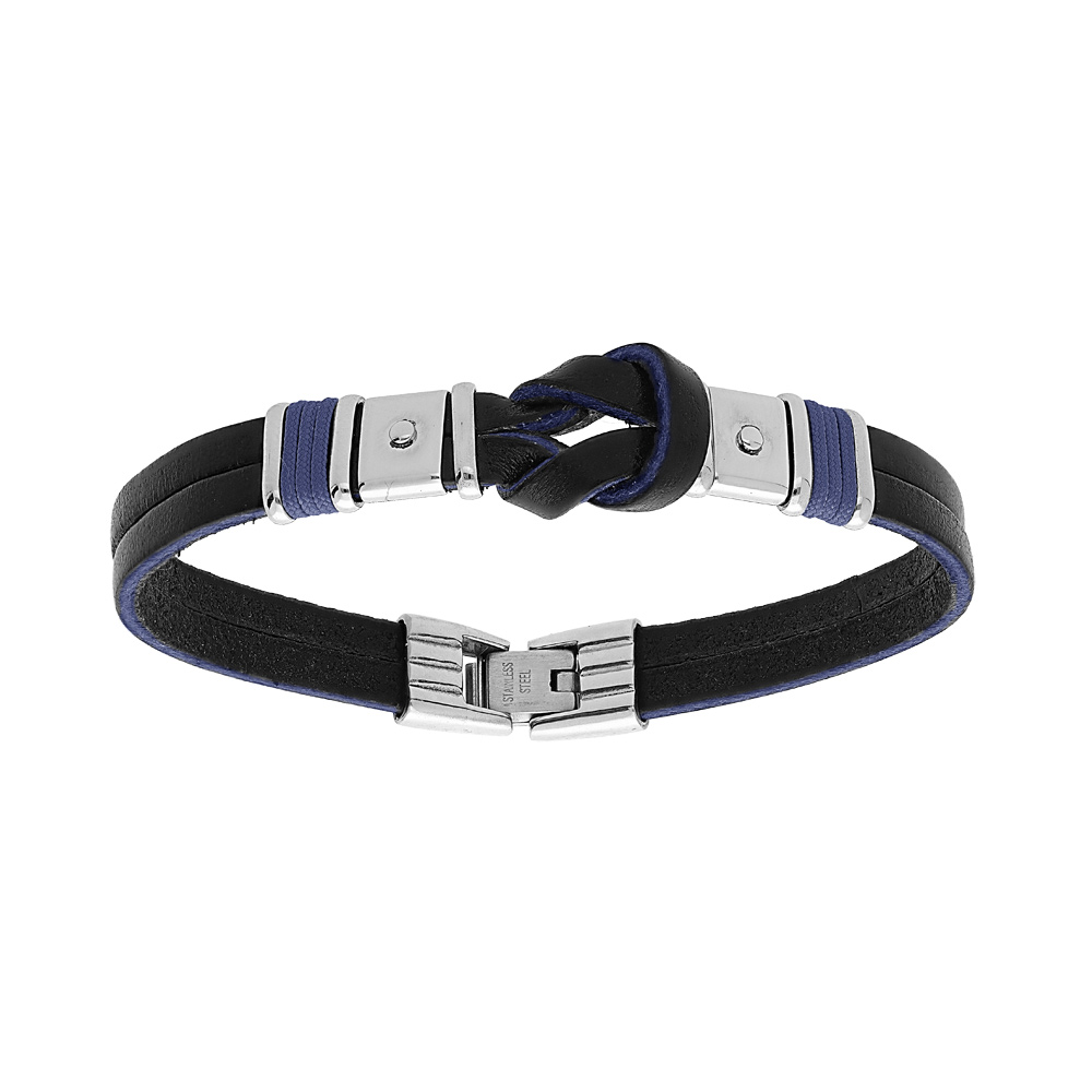 Bracelet en acier et cordon de cuir noir noeud central avec cordon bleu 20,5cm+1,5cm double fermoir