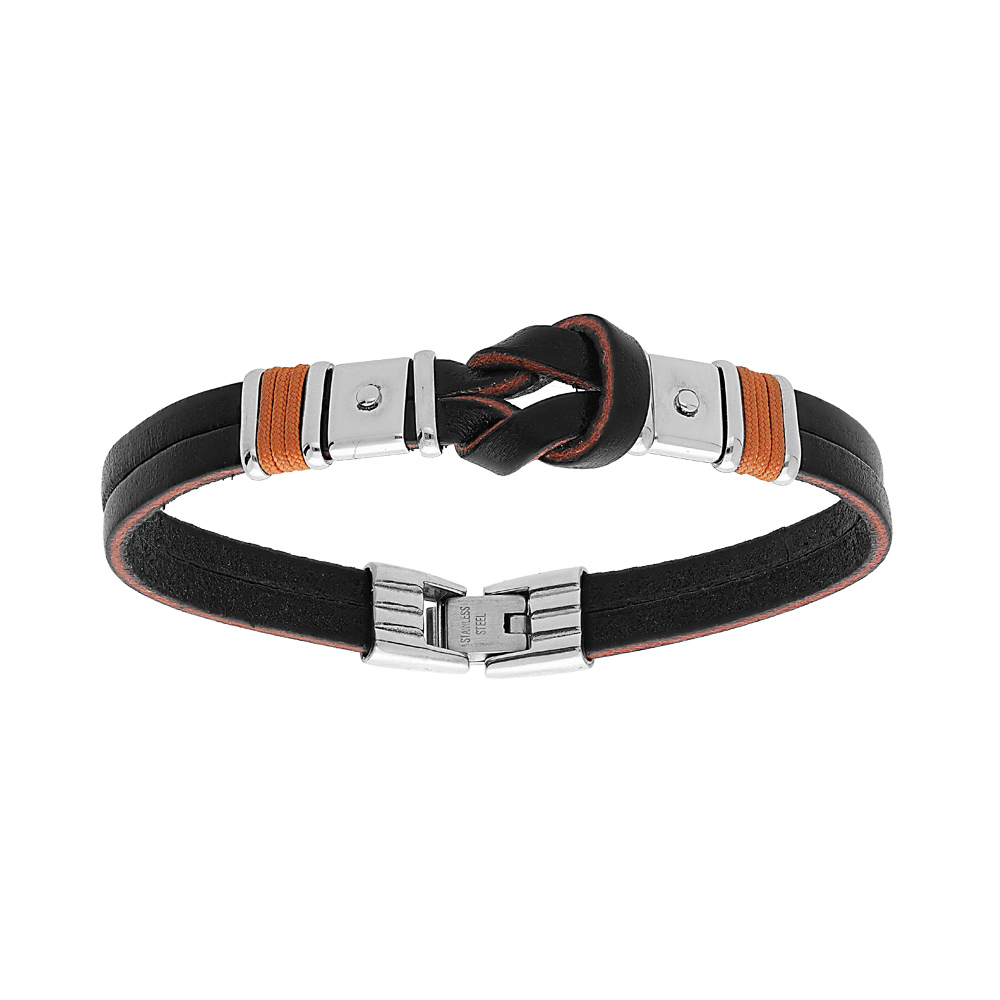 Bracelet en acier et cordon de cuir noir noeud central avec cordon orange 20,5cm+1,5cm double fermoir