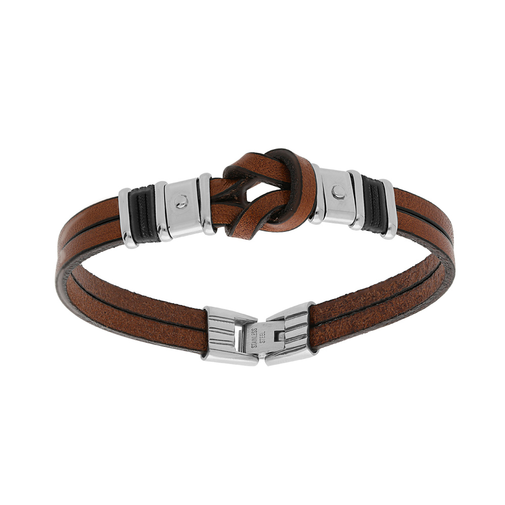 Bracelet en acier et cordon de cuir marron noeud central et cordon noir 20,5cm+1,5cm double fermoir