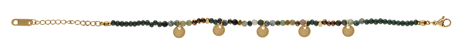 Bracelet en acier et PVD doré, verre et agate verte véritable avec pampilles pastilles 16+3cm