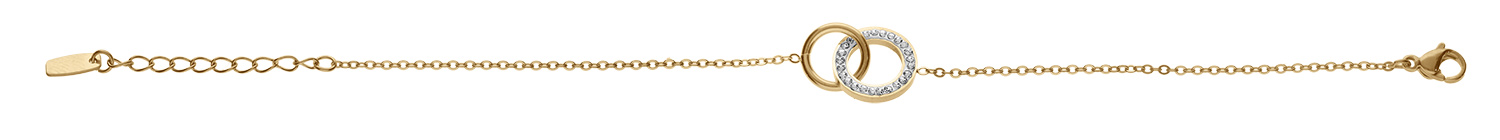 Bracelet en acier PVD doré double cercle entrelacés résine et strass blancs 17+3cm