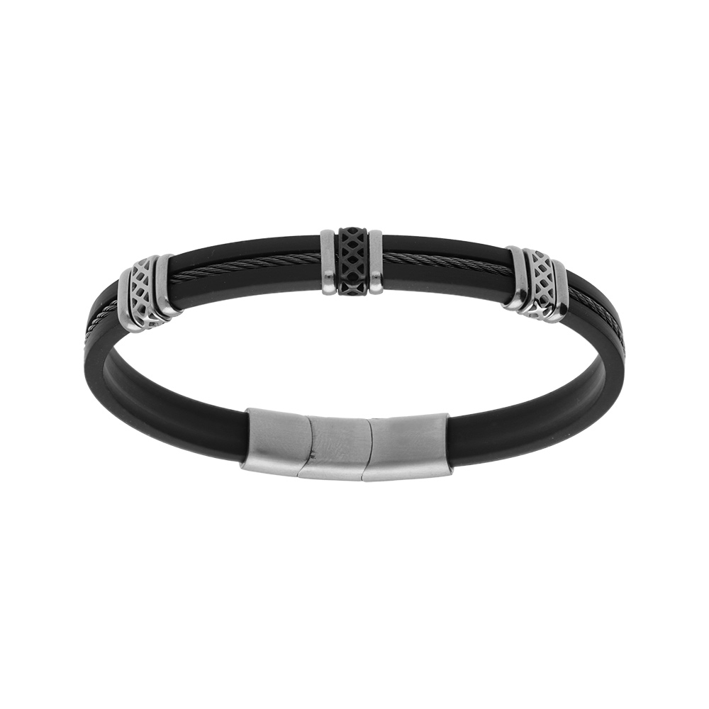 Bracelet en acier et caoutchouc câble noir motif fermoir aimanté 20+1.5cm double fermoir