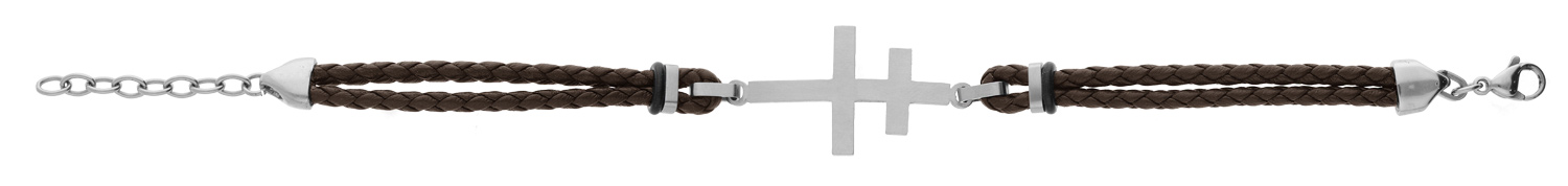 Bracelet en acier double cordon cuir marron foncé avec croix de Lorraine 20+3cm