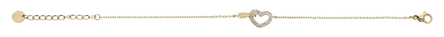 Bracelet en acier et PVD jaune chaîne avec double coeur et oxydes blancs sertis 15+3cm