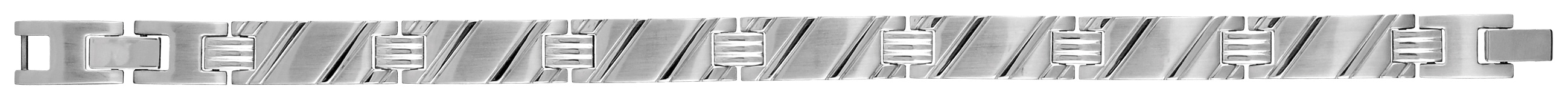Bracelet en acier alternance de maillons striés en biais et petits éléments striés horizontalement – longueur 19cm + 1,5cm réglable par double fermoir