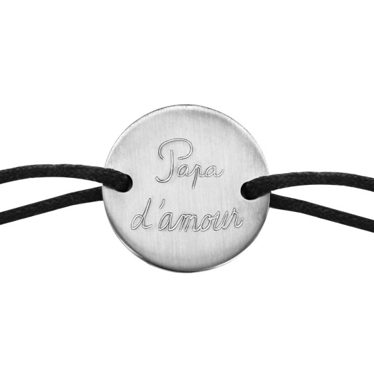 Bracelet en acier cordon noir coulissant avec plaque ronde gravée « Papa d’amour » au milieu