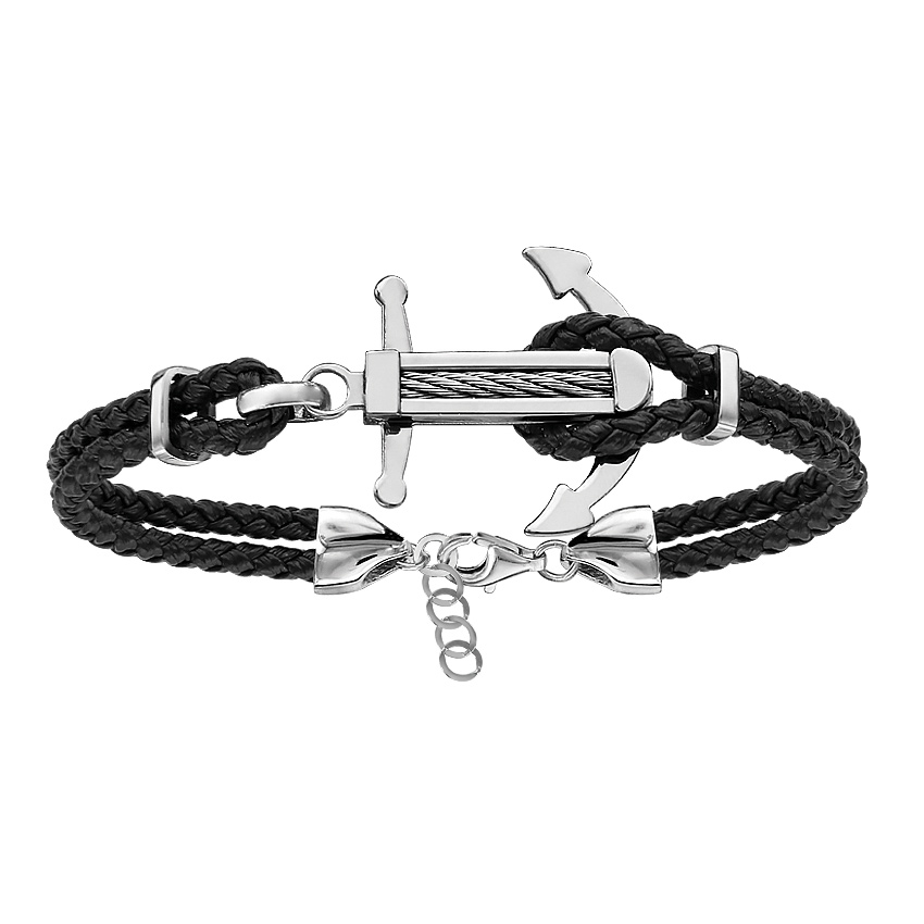 Bracelet en acier cordon en cuir noir doublé avec ancre marine ornée d’un câble gris au milieu – longueur 19cm + 3cm de rallonge