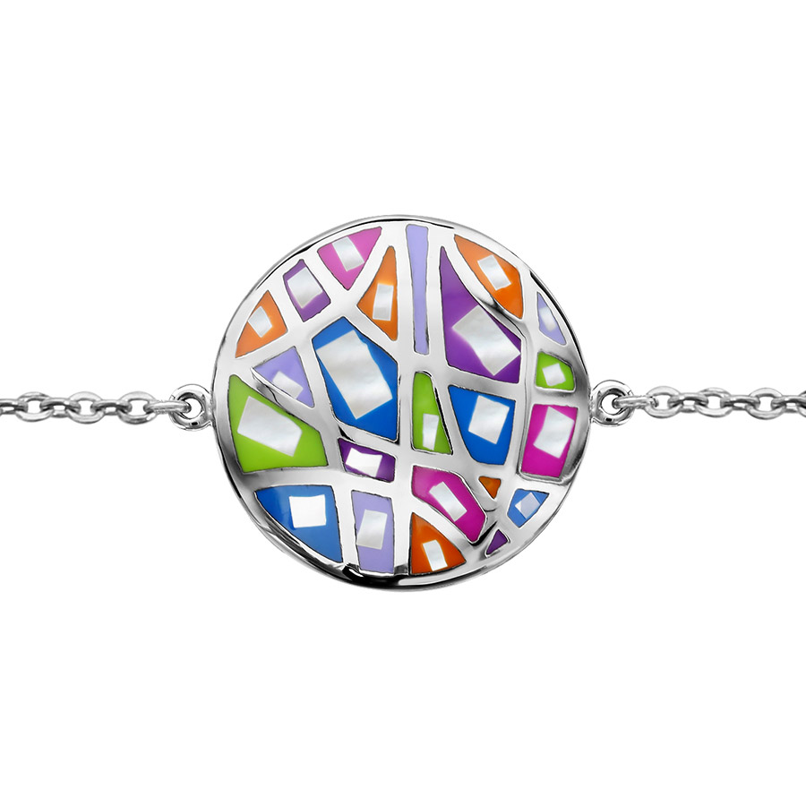 Bracelet Stella Mia en acier chaîne avec au milieu rond avec motifs géométriques et couleurs pastel avec nacre blanche véritable – longueur 16cm + 3cm de rallonge