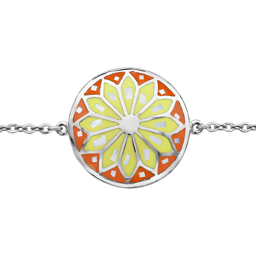 Bracelet Stella Mia en acier chaîne avec au milieu rond avec motif fleur et dégradé de jaune et orange et nacre blanche véritable – longueur 16cm + 3cm de rallonge