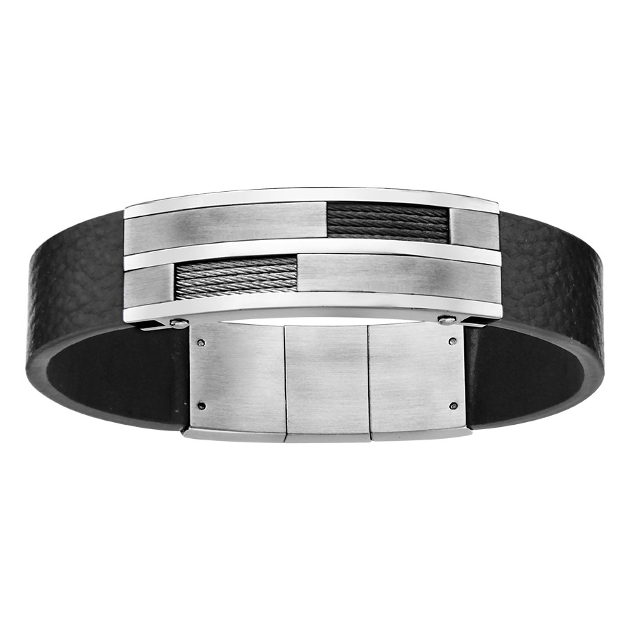 Bracelet en cuir noir avec plaques rectangulaires et ouvertures sur câbles gris et noirs – longueur 20cm + 1cm