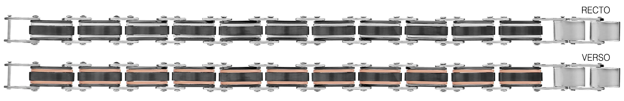 Bracelet réversible en acier 1 côté en PVD noir avec liserets gris et l’autre côté noir avec liserets en PVD rose – longueur 19,5+1cm réglable par double fermoir