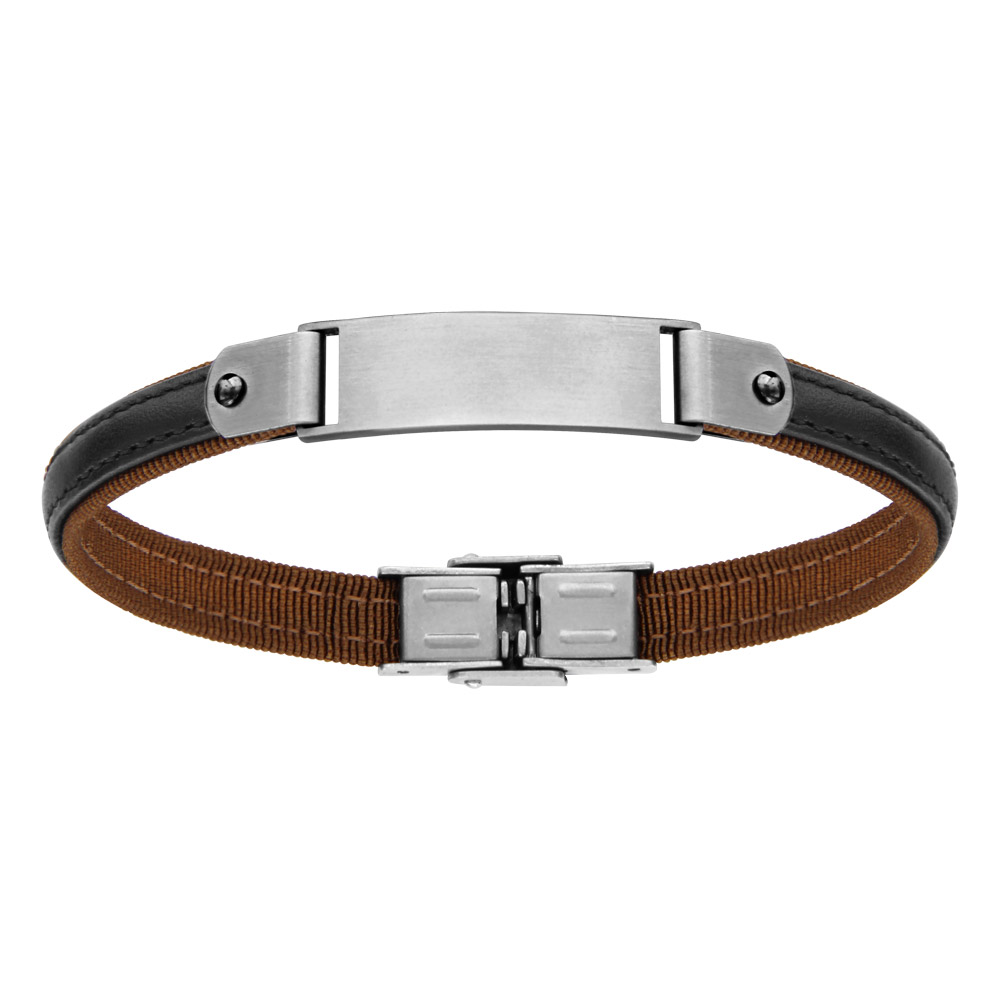 Bracelet en acier et cuir marron avec plaque lisse au milieu – longueur 20cm