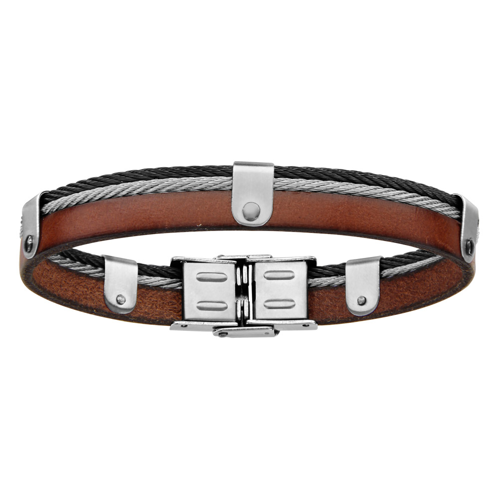 Bracelet en cuir marron avec 1 câble en acier gris et 1 noir – longueur 20cm