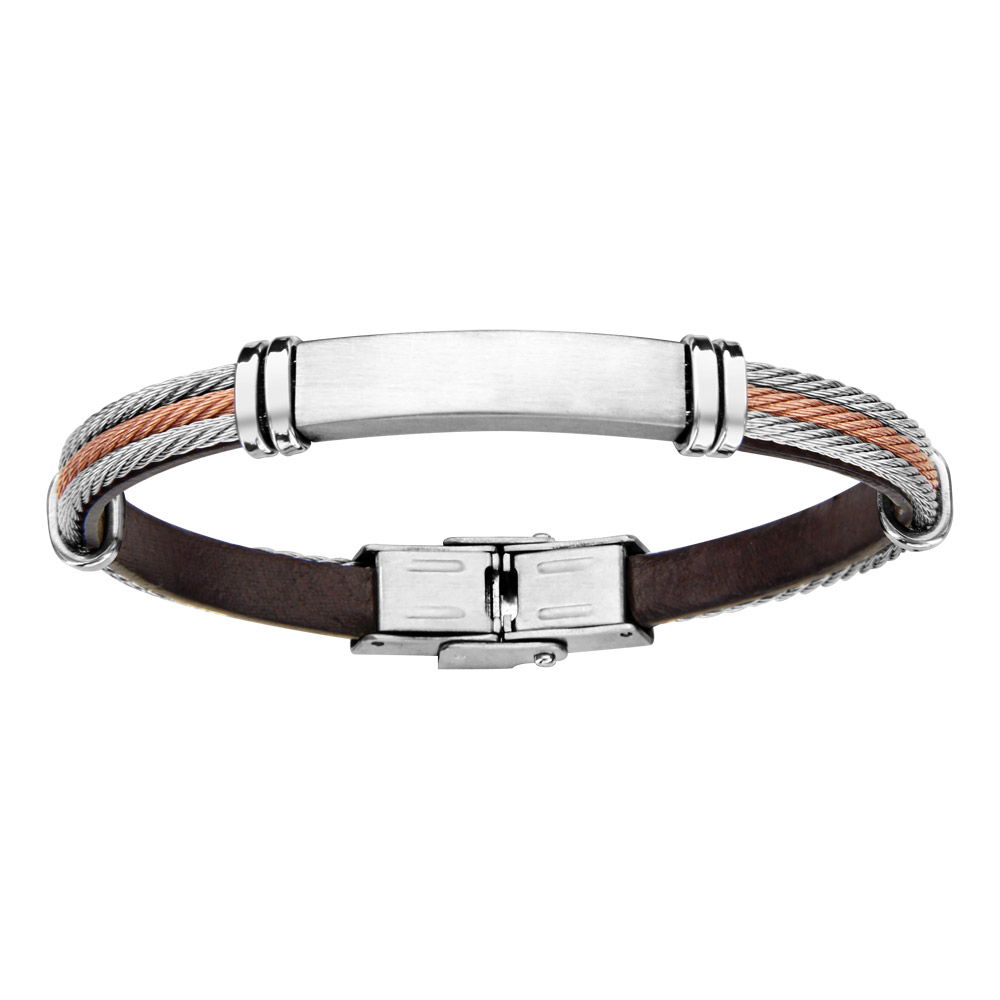 Bracelet en acier et cuir marron avec câbles 2 tons et plaque lisse à graver – longueur 20cm