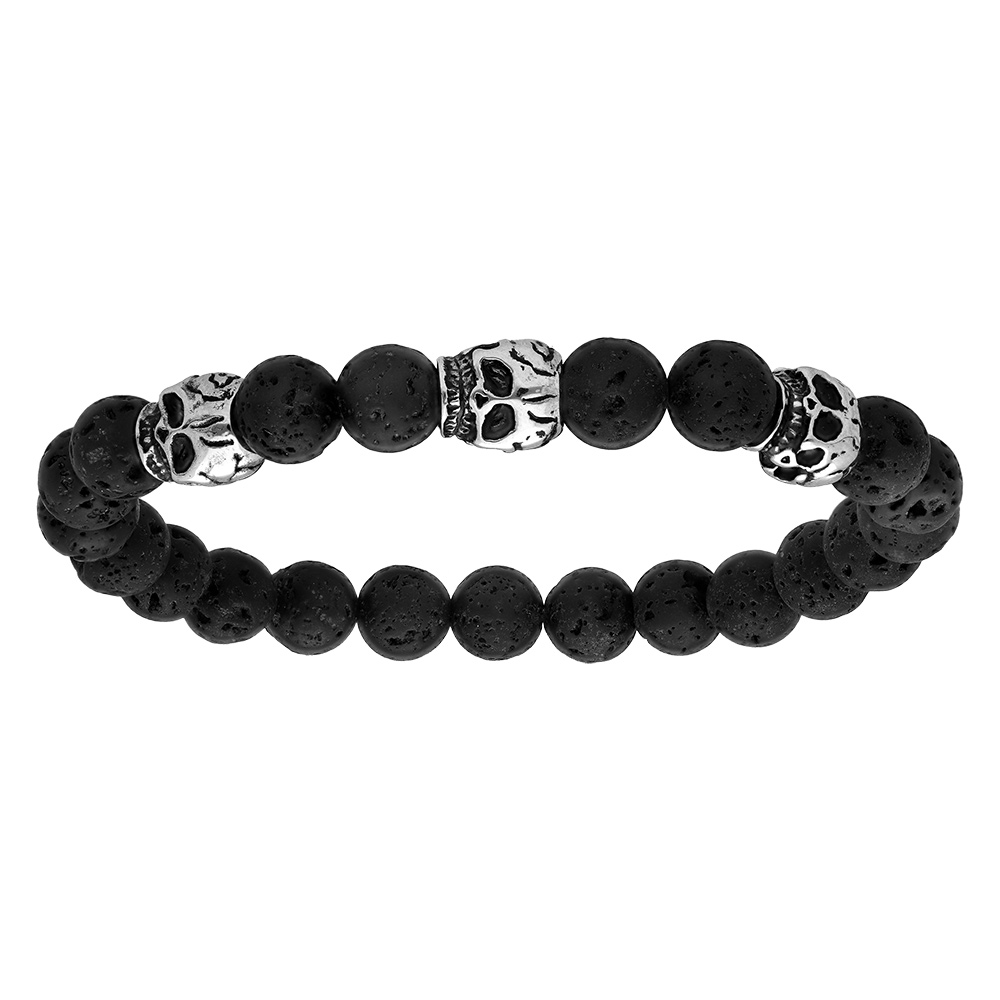 Bracelet en acier avec boules en pierre de lave noire mat et 3 tête de mort – longueur 19cm