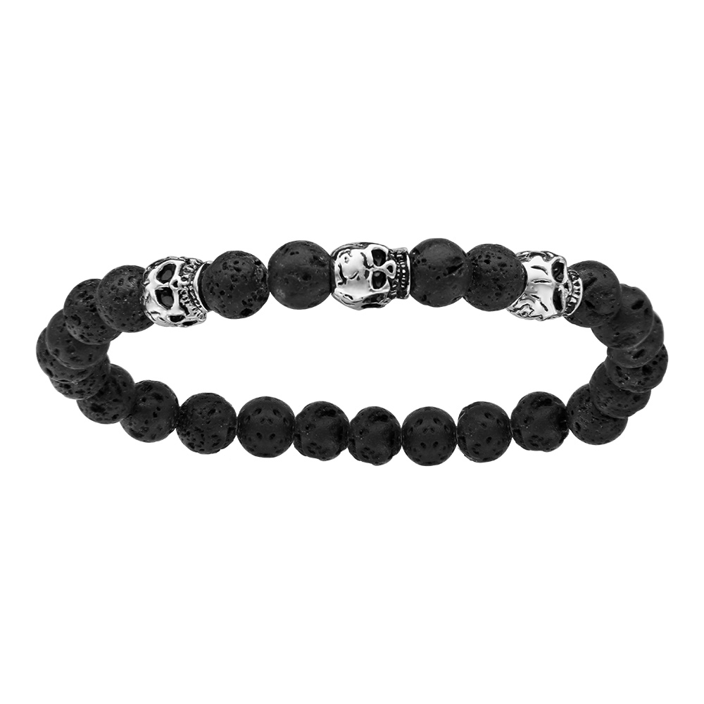 Bracelet en acier avec boules en pierre de lave noire mat et 3 tête de mort – longueur 22cm