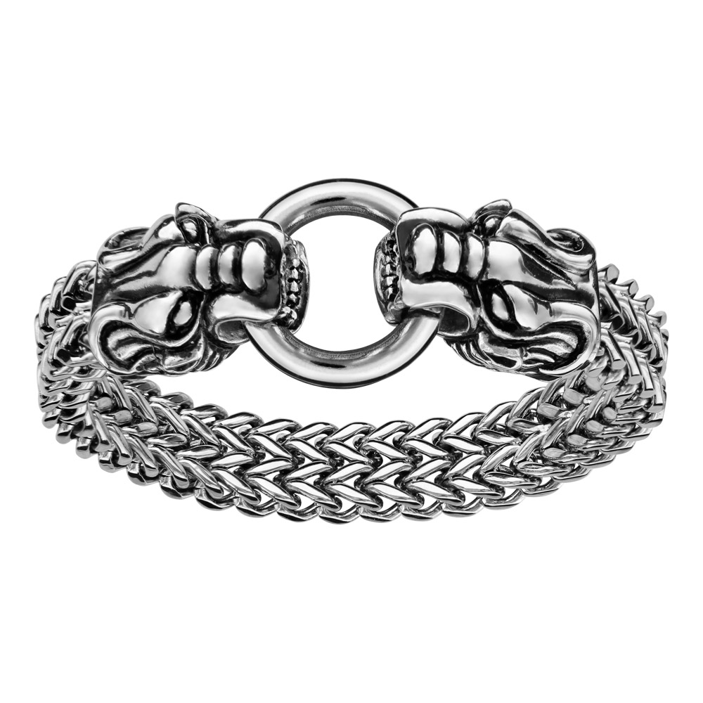 Bracelet en acier maille palmier avec 2 têtes de dragons aux extrémités et fermoir boucle – longueur 22cm