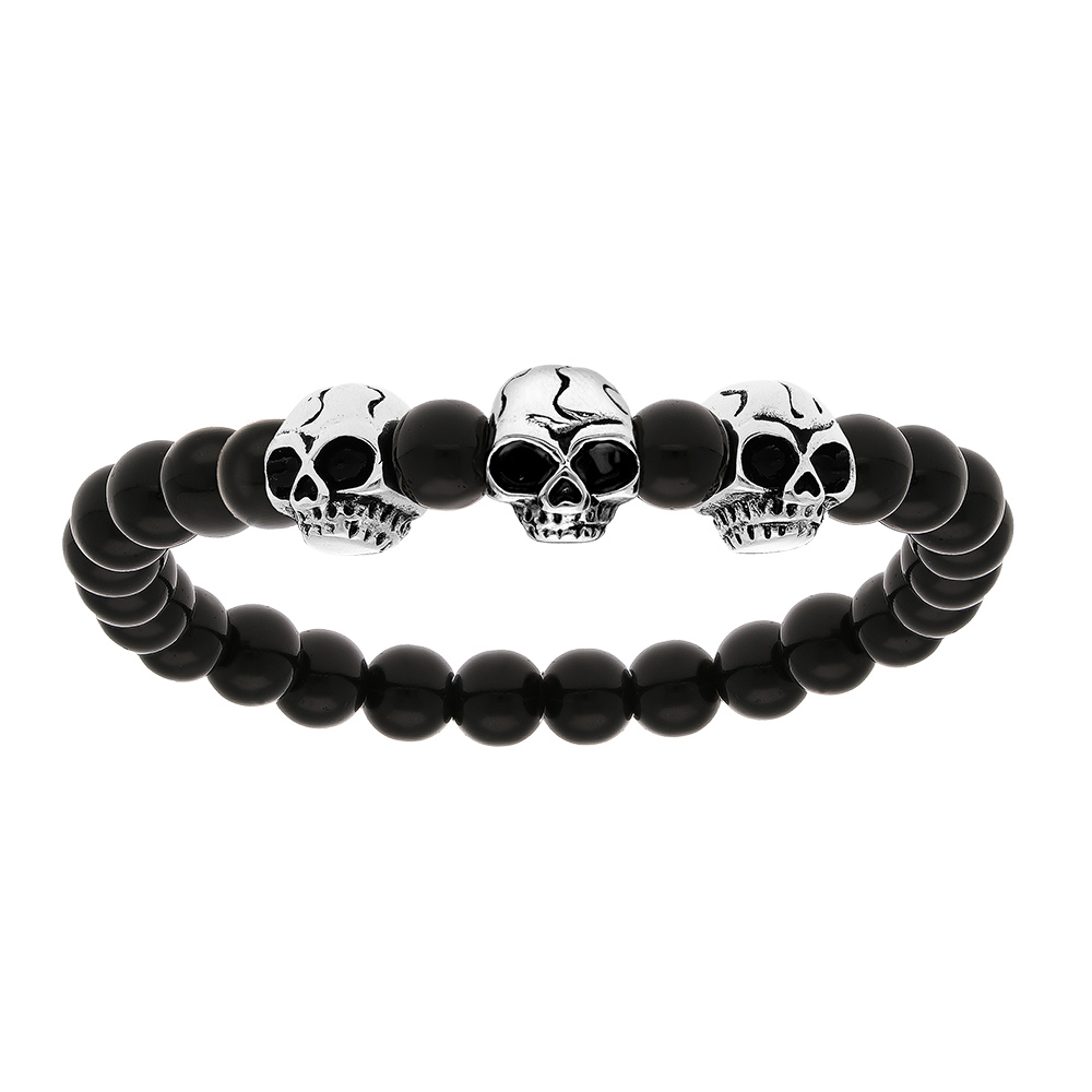Bracelet en acier avec boules en pierre de lave noire brillante et 3 tête de mort – longueur 22cm