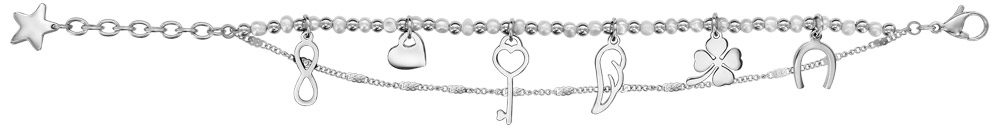 Bracelet en acier et perles de synthèse blanche 2 chaînes avec pampilles symboles