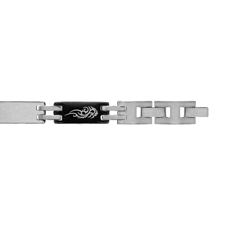 Bracelet junior en acier et PVD noir alternance de maillons lisses et maillons noirs avec gravure motifs tribals intercalés de 2 barrettes grises – largeur 7mm et longueur 16cm + 1cm réglable par double fermoir