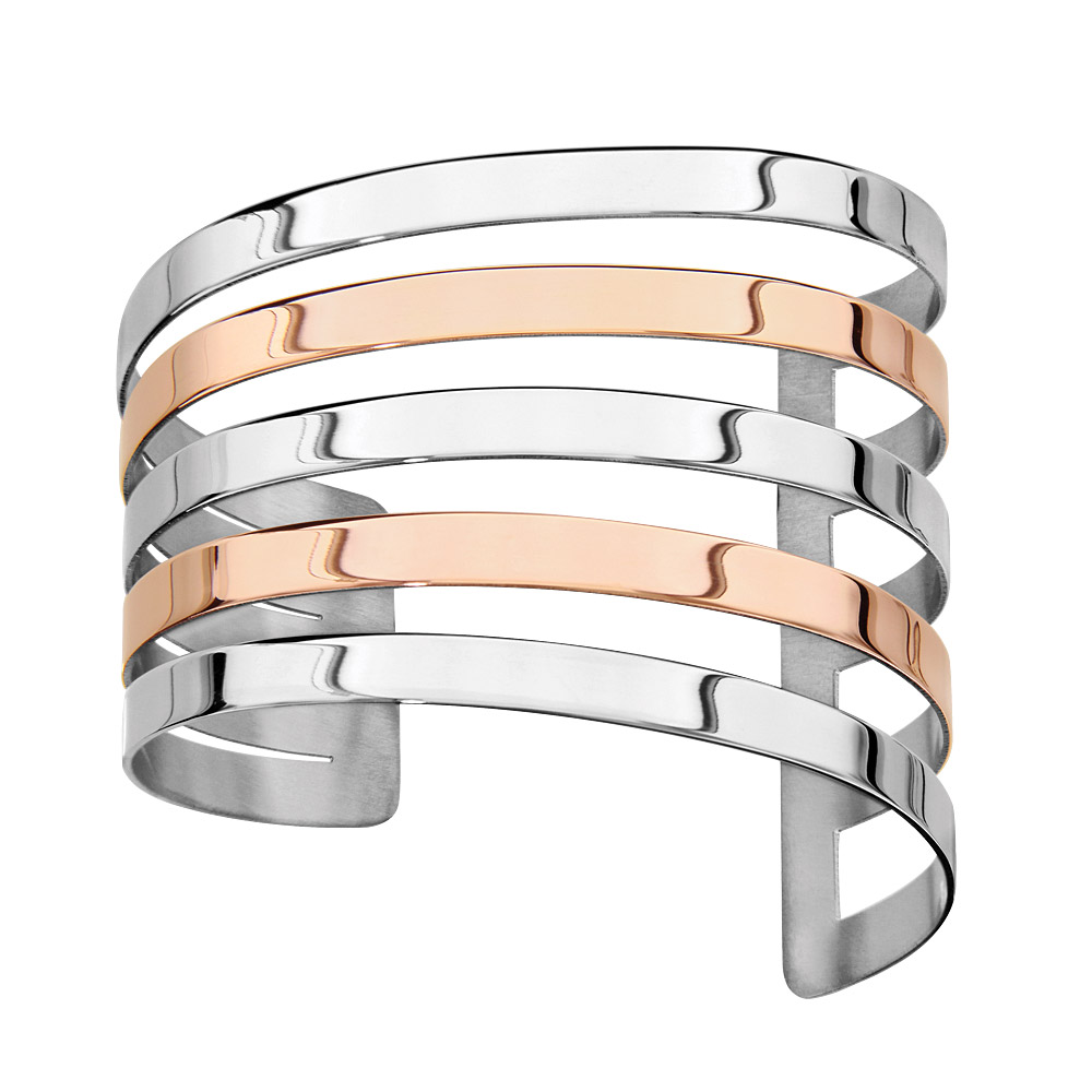 Bracelet en acier et PVD rose manchette géométrique lisse asymétrique