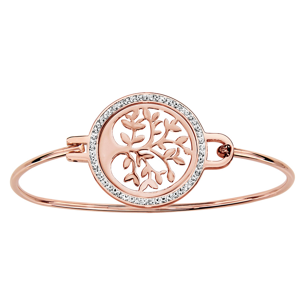 Bracelet jonc en acier et PVD rose pastille avec arbre de vie et contour empierré