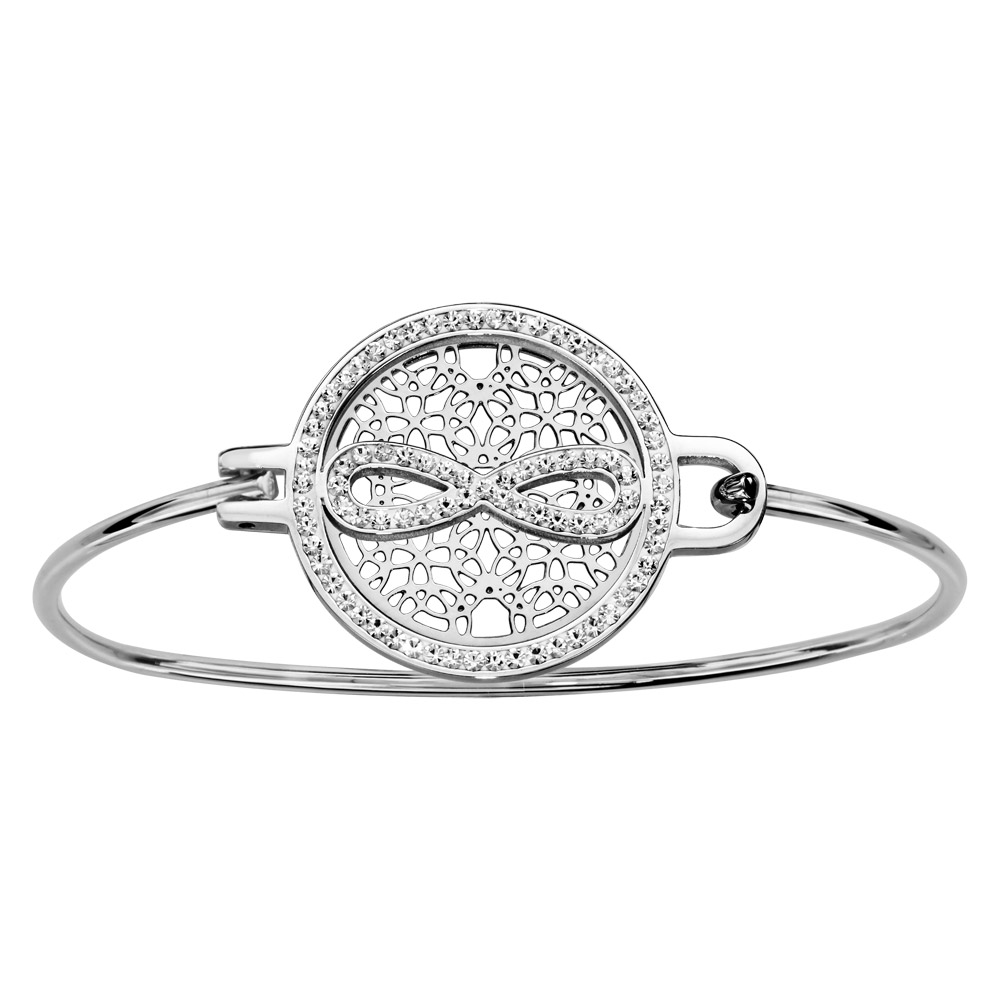 Bracelet jonc en acier avec cercle en résine orné de strass blancs et motif filigrané au milieu avec symbole infini en résine et strass blancs au centre