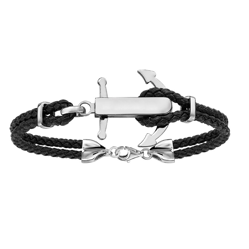 Bracelet en acier cordon en cuir noir doublé avec ancre marine à graver au milieu – longueur 19cm + 3cm de rallonge