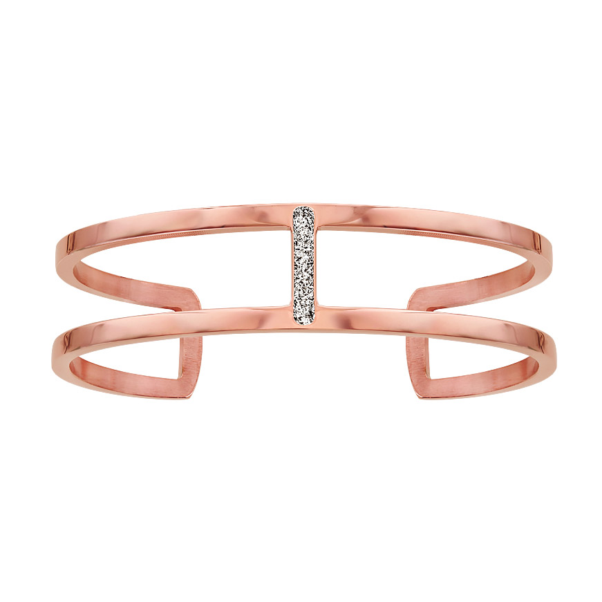 Bracelet en acier et PVD rose manchette arcs lisses reliés avec glitter gris