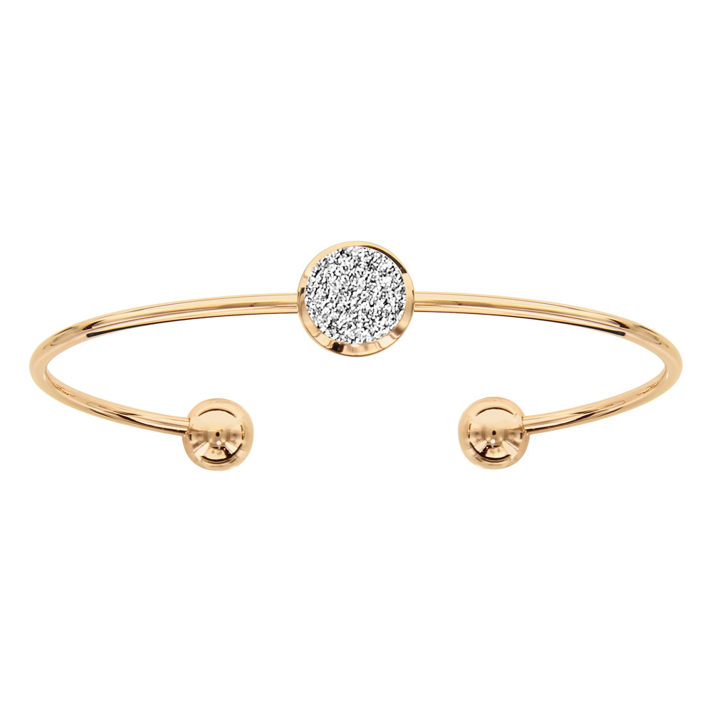 Bracelet jonc en acier et PVD jaune ouvert avec pastille effet givré et boule lisse à chaque extrémité