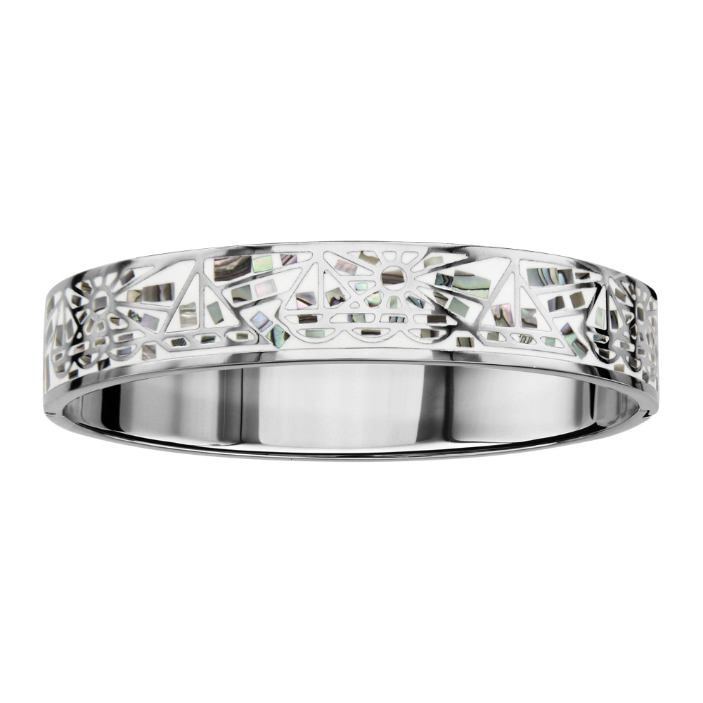 Bracelet Stella Mia articulé en acier et nacre blanche véritable motifs géométriques et blanc – taille 62mm X 56mm