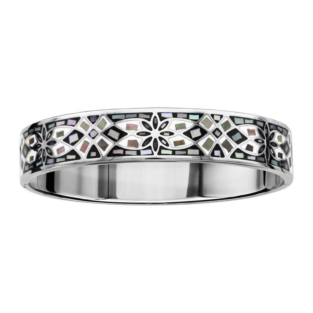 Bracelet Stella Mia articulé en acier et nacre blanche véritable motifs fleurs et noir et blanc – taille 62mm X 56mm