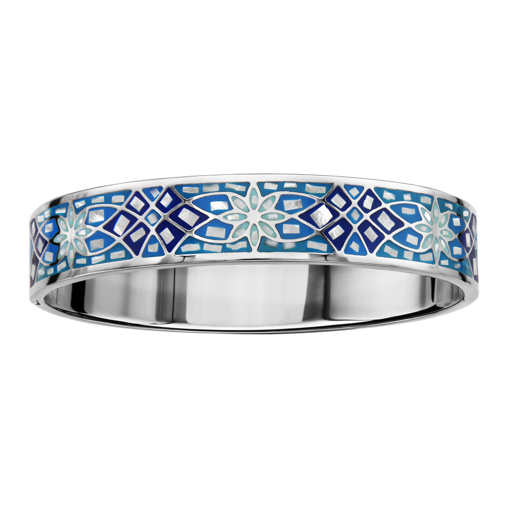 Bracelet Stella Mia articulé en acier et nacre blanche véritable motifs fleurs et dégradé de bleu – taille 62mm X 56mm