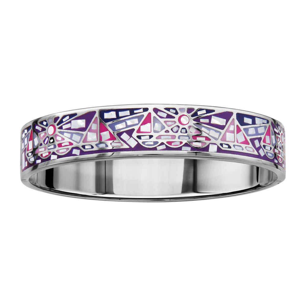 Bracelet Stella Mia articulé en acier et nacre blanche véritable avec motifs géométriques et dégradé de rose et violet – taille 62mm X 56mm